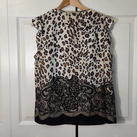 Signature By Larry Levine Leopard Print Cap Sleeve Mesh Faux Pearls Blouse Sz PL - Picture 2 of 10